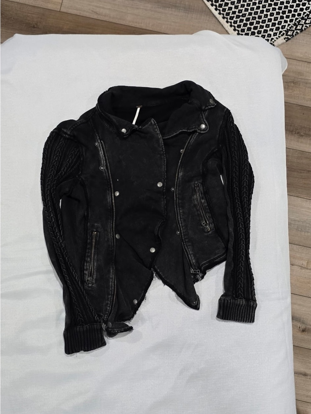 Free People Black Distressed Faux Leather Moto Jacket with Knit Sleeves - Picture 5 of 6